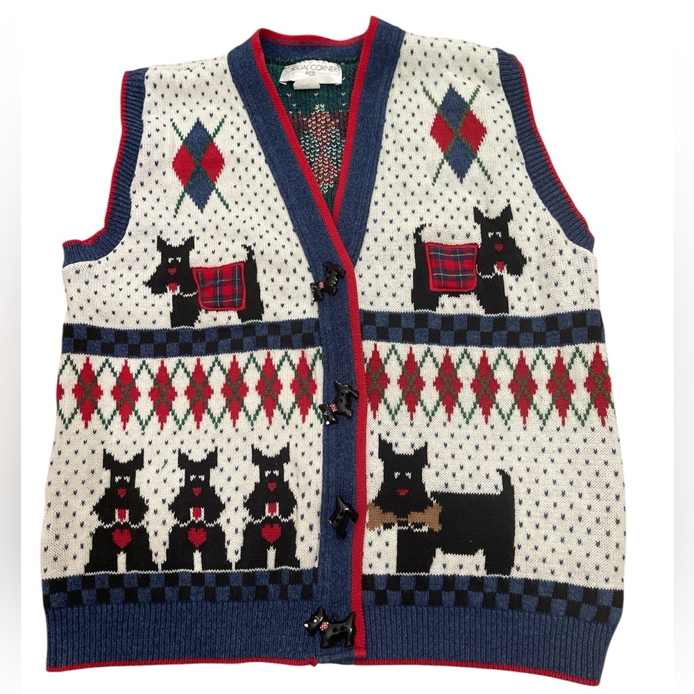 Vtg Casual Corner Grannycore Scottish Terrier Dog Sweater Vest Cardigan